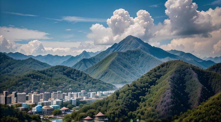 a hyper realistic photography of an aerial of mountains in Langkawi, no people, Nikon D850 DSLR 4k camera, 100mm lens, F 1.2 aperture setting, bright and natural lighting, vibrant, fun and relaxing atmosphere