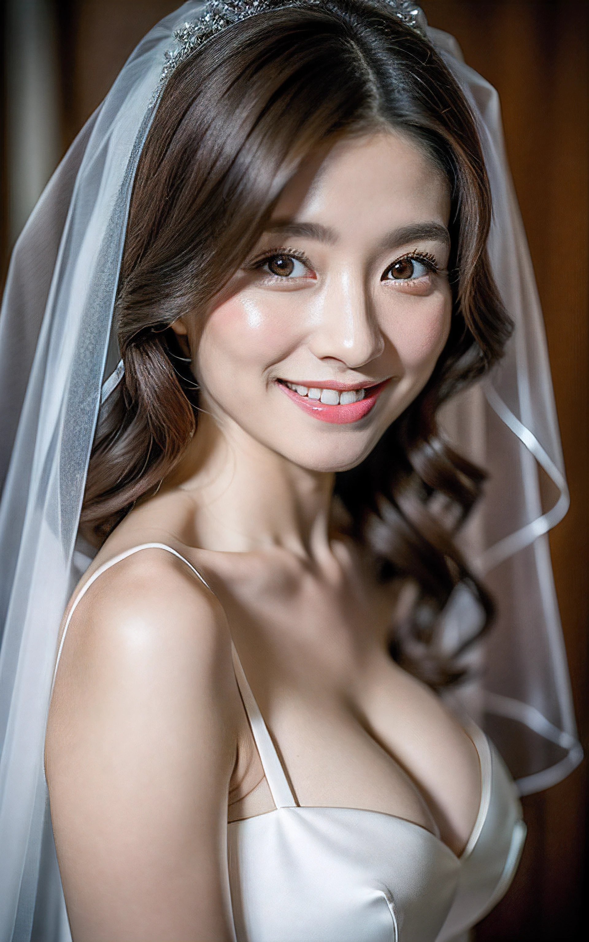 (Best Quality, 8k, 32k, Masterpiece, UHD: 1.2), Dainty Japan Woman Pictures, 1 Girl, (Dark Brown Hair), Double Eyelids, (Big: 1.2), Sexy, (Wedding Dress, Wedding Veil)), (Deep Slit: 1.2), (Side Boob), (Smile: 1.1), Overhead Shot