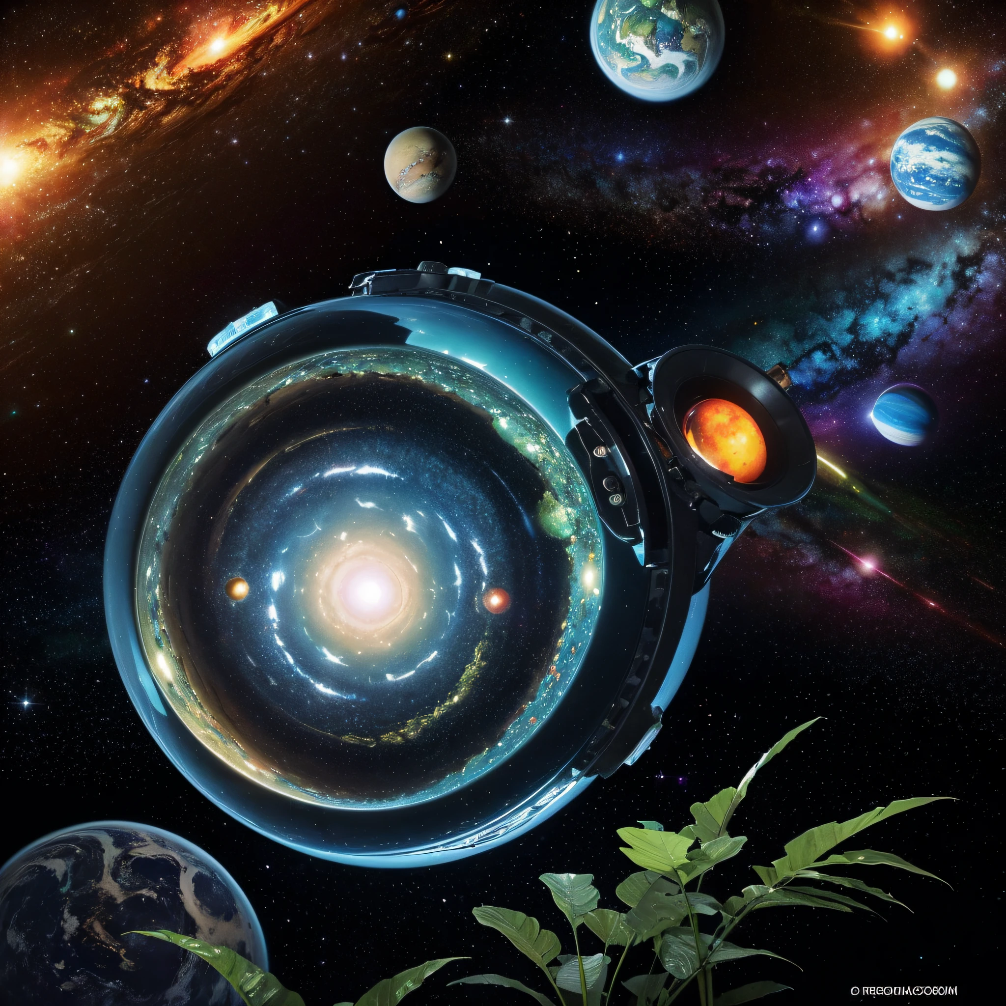 HD details, Close-up of a man in a spacesuit, planets in the background, psychedelic cosmic horror, psychedelic illustrations, cosmic space, plants growing, The world of psychosis, Background space graphic art, Cosmic illustration, cosmic space, cosmic lsd poster art, dmt space behind, Space scene, Surreal space, Cosmic style