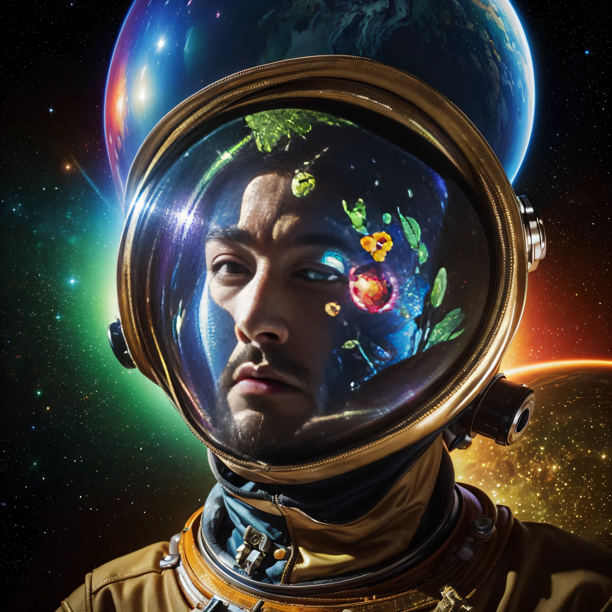 HD details, Close-up of a man in a spacesuit, planets in the background, psychedelic cosmic horror, psychedelic illustrations, cosmic space, plants growing, The world of psychosis, Background space graphic art, Cosmic illustration, cosmic space, cosmic lsd poster art, dmt space behind, Space scene, Surreal space, Cosmic style
