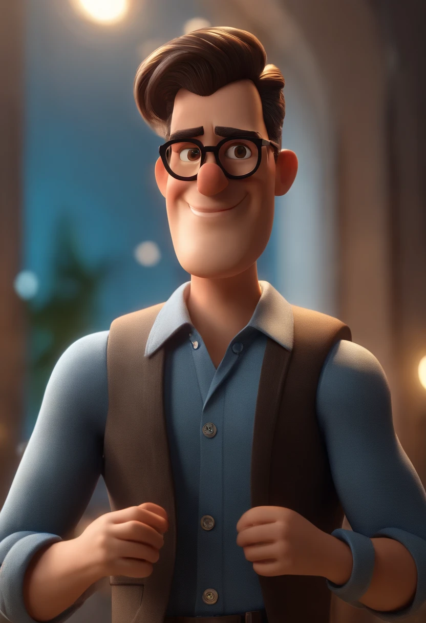 Cartoon character of a man wearing black glasses and a blue shirt, um personagem animado, Caractere estilizado, animation style rendering, 3D estilizado, Arnold Maya render, 3 d render stylized, toon render keyshot, Personagem 3D, Personagem 3D, 3d rendering stylized, 3 d character render, personagem de desenho animado, Personagem de close up, Pose de personagem, (Estilo Pixar) (master part:1.2) (Bokeh) (best quality) (pele detalhada) (textura detalhada) (8k) (argila) (Cinematic lighting) (foco nítido,Senta e vaza a parte superior do corpo
