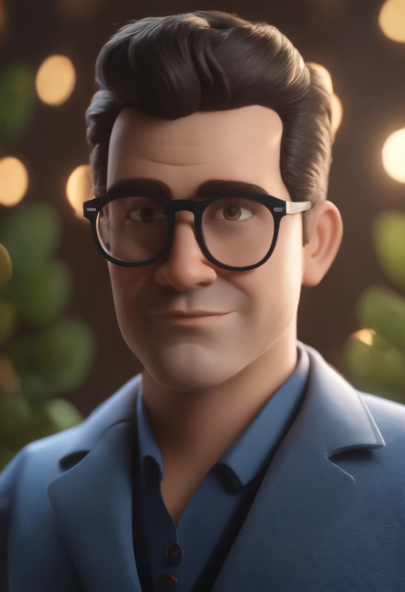 Cartoon character of a man wearing black glasses and a blue shirt, um personagem animado, Caractere estilizado, animation style rendering, 3D estilizado, Arnold Maya render, 3 d render stylized, toon render keyshot, Personagem 3D, Personagem 3D, 3d rendering stylized, 3 d character render, personagem de desenho animado, Personagem de close up, Pose de personagem, (Estilo Pixar) (master part:1.2) (Bokeh) (best quality) (pele detalhada) (textura detalhada) (8k) (argila) (Cinematic lighting) (foco nítido,Senta e vaza a parte superior do corpo