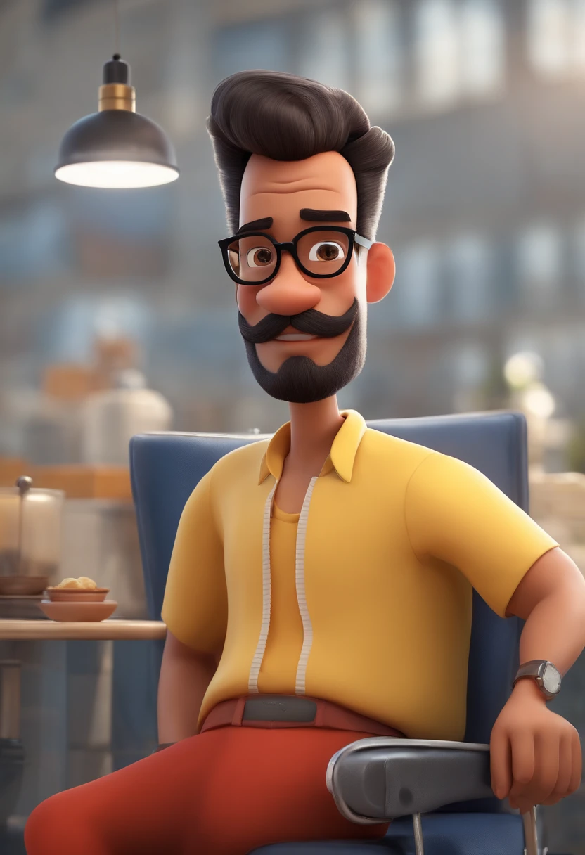 personagem dos desenhos animados estilo pixar, homem, cabelo preto, 40 anos, with glasses, transparent frame, uma camisa amarela, avental branco, animation character, fundo vermelho, sem barba, sem bigode,4D estilizado, um pouco gordo, sorrindo