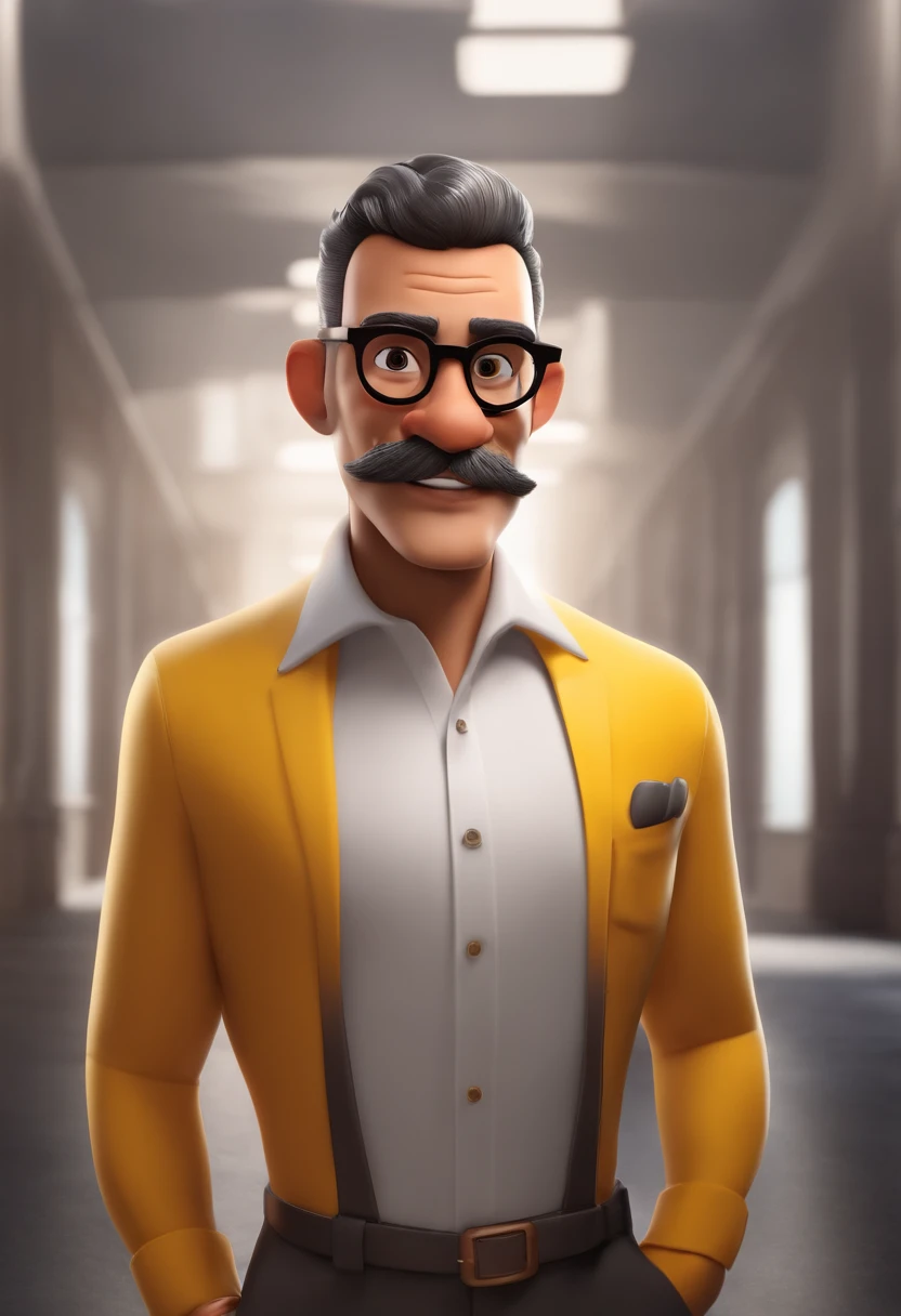 personagem dos desenhos animados estilo pixar, homem, cabelo preto, 40 anos, with glasses, transparent frame, uma camisa amarela, avental branco, animation character, fundo vermelho, sem barba, sem bigode,4D estilizado, um pouco gordo, sorrindo