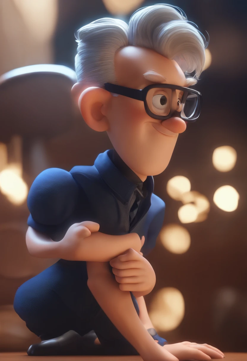 Cartoon character of a man wearing black glasses and a blue shirt, um personagem animado, Caractere estilizado, animation style rendering, 3D estilizado, Arnold Maya render, 3 d render stylized, toon render keyshot, Personagem 3D, Personagem 3D, 3d rendering stylized, 3 d character render, personagem de desenho animado, Personagem de close up, Pose de personagem, (Estilo Pixar) (master part:1.2) (Bokeh) (best quality) (pele detalhada) (textura detalhada) (8k) (argila) (Cinematic lighting) (foco nítido，Senta e vaza a parte superior do corpo