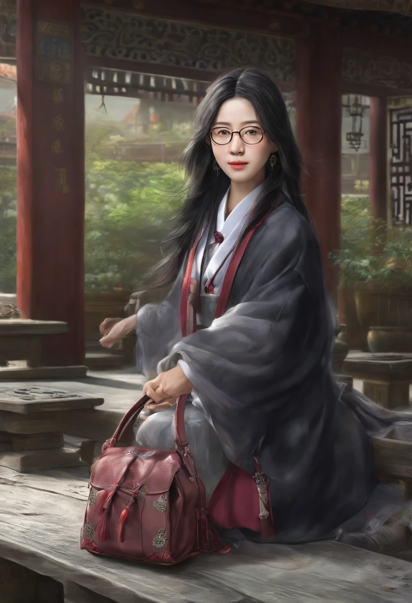 wears glasses、Shawl、Middle-aged female doctor carrying a school bag、Black hair，Sweaters，chineseidol、designer、Central Academy of Fine Arts、Yunnan