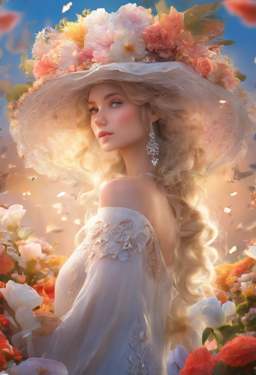 (masterpiece, best quality:1.6), white lace dress, cowboy shot, thighs, beautiful girl, (flowers, many small white petals:1.3), garden, blue sky, looking at viewer, small waist, official art, raw photo, incredibly absurdres, facelight, dynamic lighting, cinematic lighting, ultra realistic, highres, photography, sharp focus, highest detailed, extreme detailed, ultra detailed, finely detail, extremely detailed eyes and face