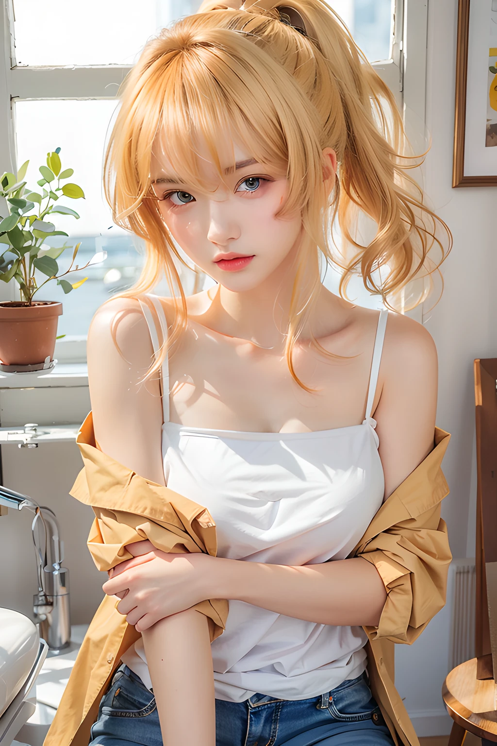 masterpiece、ighly detailed、(1 girl in:1.2)、blonde hair、big eye、8K、long-hair、realistic、Shining eyes, (((((white unbottoned shirt))))), medium boobs, (sexy smiling face), (((crawling))), power \(chainsaw man\), red horns, (((from below))), (((((on all fours))))), ((((((close up)))))), (cleavage), ((no pants)), ((((simple backgroun))))
