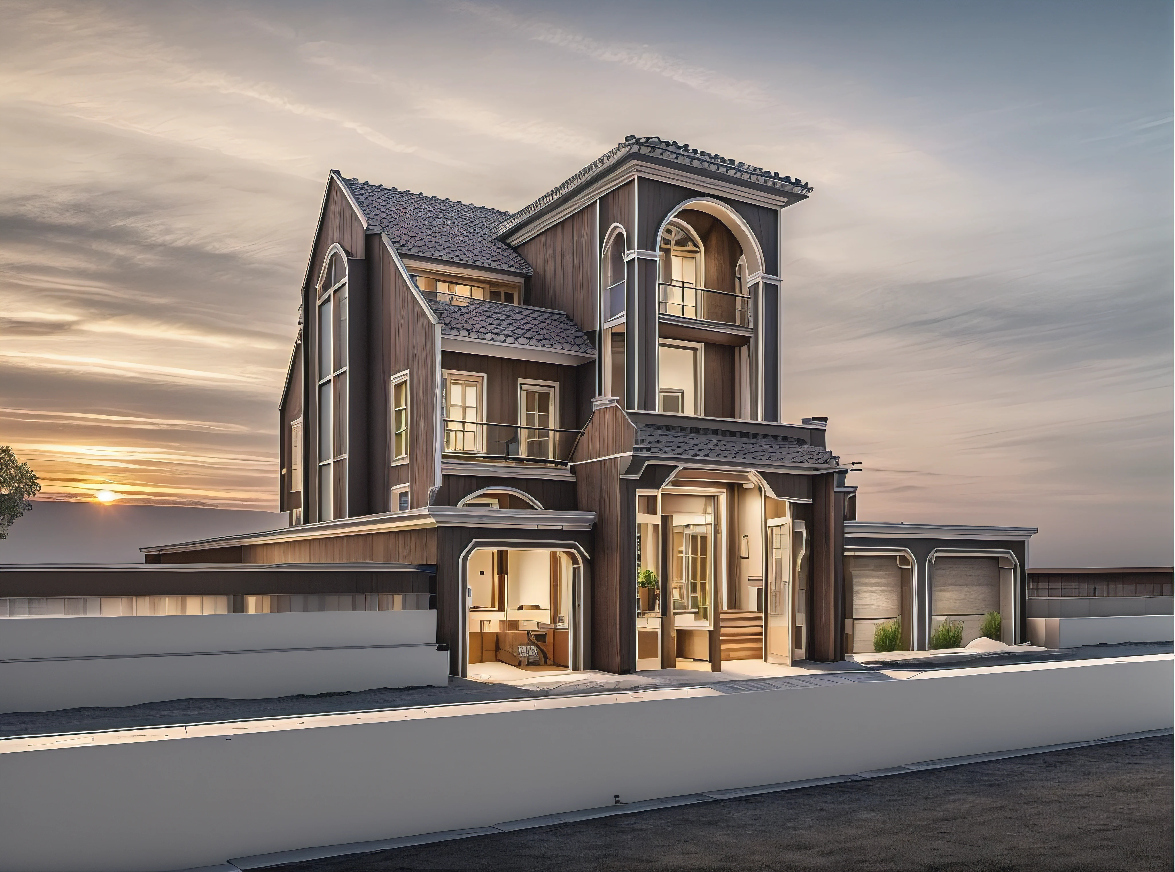 ((Best quality, 8k resolution, Masterpiece :1.3)), Sharp focus :1.2, (exterior moder design: 1.3), (photo realisstic: 1.2), (highly detailed: 1.2), sunset, morden house, white house, modern craftsman house, roof pitum
