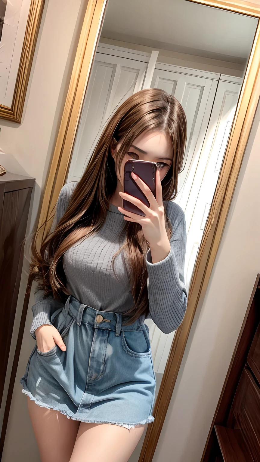 Beutiful women，Take a selfie in front of the mirror with your phone over your face，Short clothes