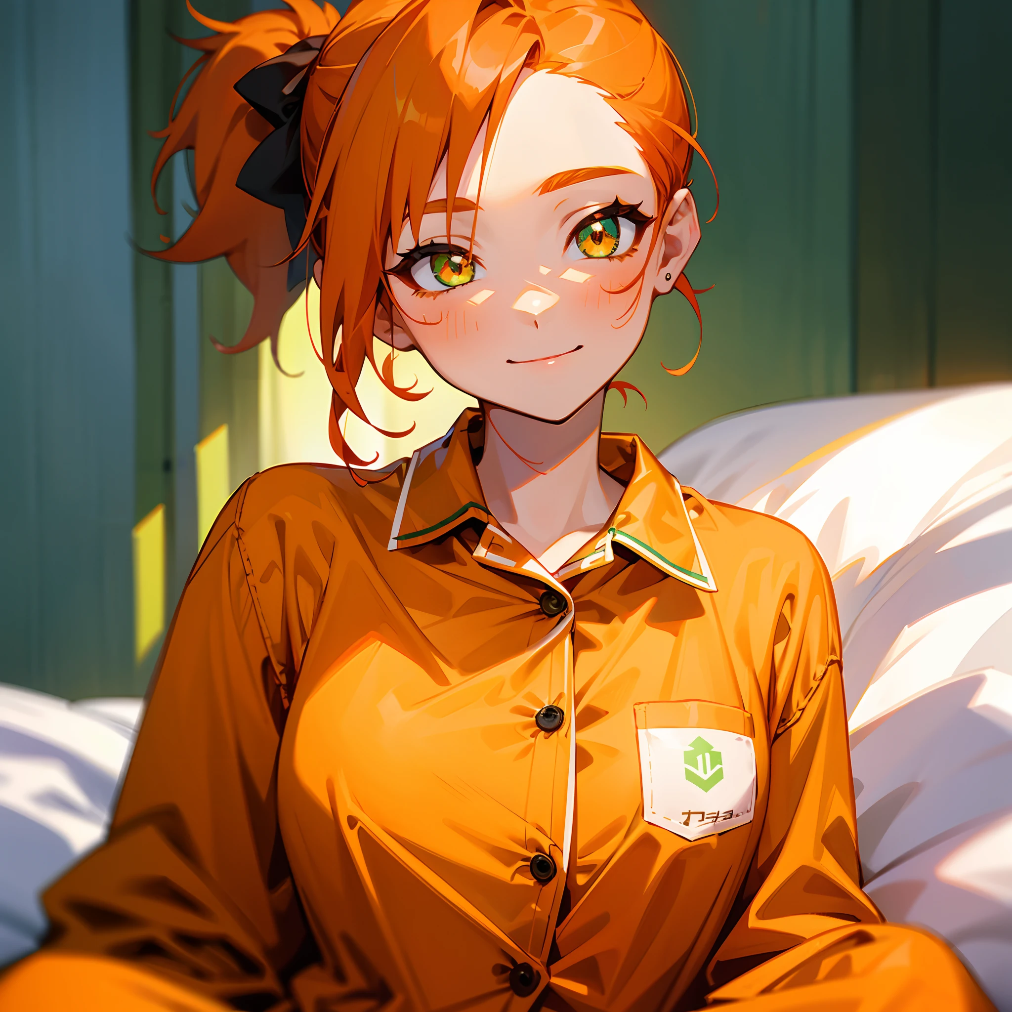 18-year-old girl sitting on bed, wearing pajama、Orange hair、Glowing green eyes、Side Ponytail、A slight smil、Laugh、The soft texture of pajamas、facial close-up、Colors based on green and orange