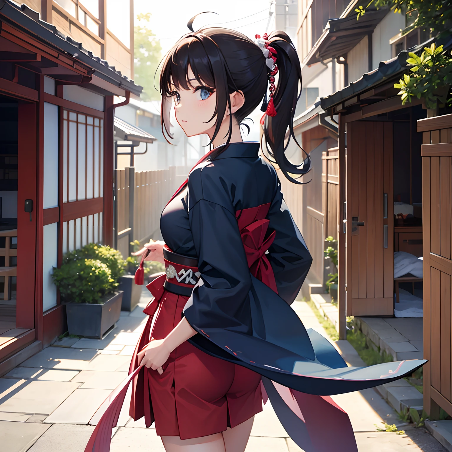 One young and beautiful woman,(Highest quality,Extremely detailed depiction,Incredibly absurd high resolution,Anatomically accurate depiction,Nice hands,Perfect Fingers,Curvy Legs,Shiny skin),(Anime samurai girl:1.5),(Blue kimono,Black Hakama,A sword is hanging from his waist),eyelash,(Black Eyes,Black Hair,Half-closed eyes:1.3,Sweat,whole body,Riversideに腰を下ろして魚釣りをしている:1.5,),Anime Art,Side view,background:Riverside,Natural Light