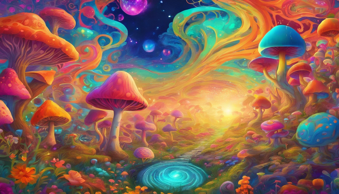 Highest image quality,4K, Detailed CG,Landscape Images,color theory,beauttiful stars, Spores of light springing up ,small glowing mushrooms,Spiritual world ,souls