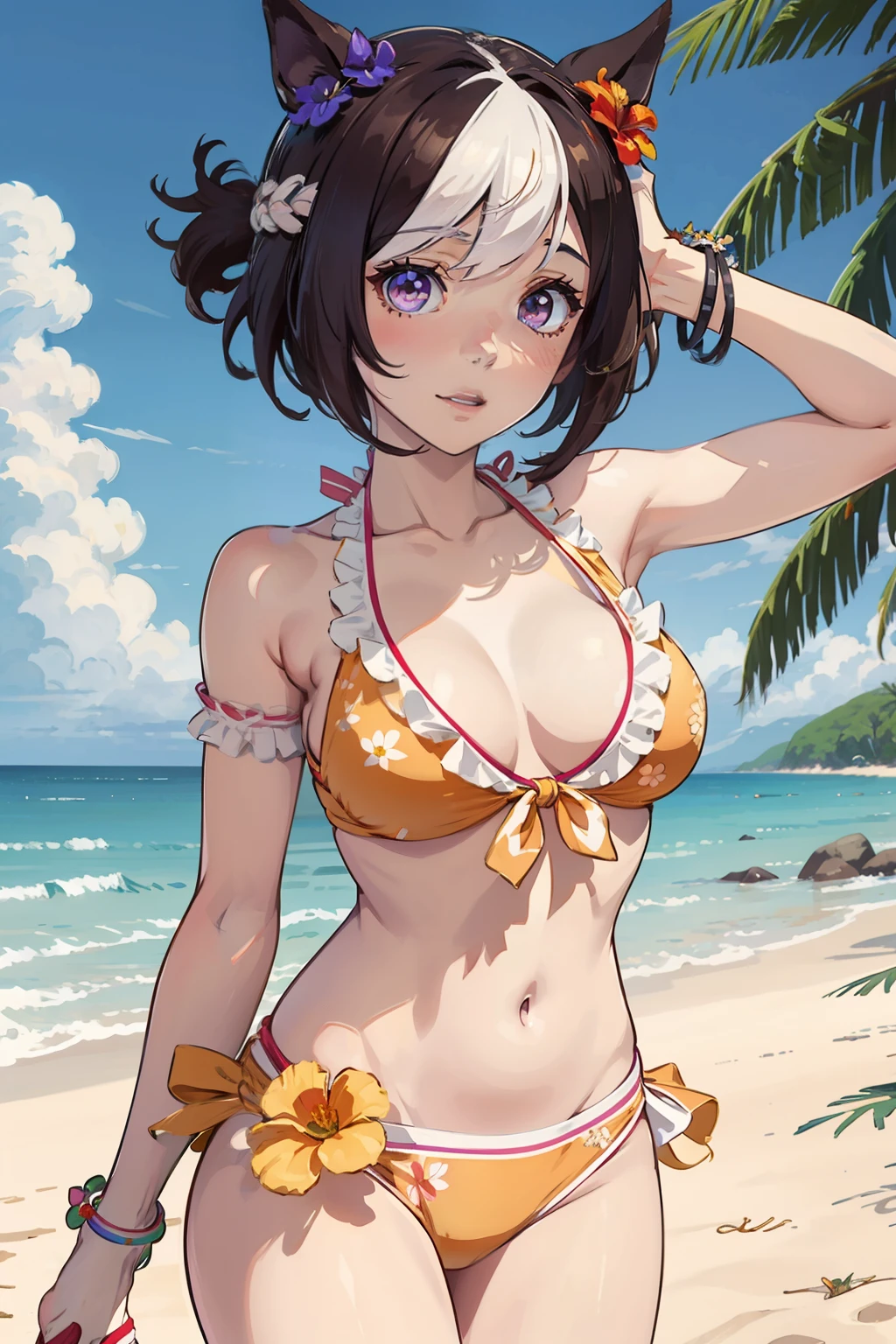 special week \(umamusume\), anime girl in bikini with cat ears and a flower in her hair, loli, at a tropical beach, extremely detailed artgerm, kawacy, detailed digital anime art, [ 4 k digital art ]!!, seductive anime girl, realistic bikini, in the beach, digital anime illustration, beautiful anime girl, anime style 4 k, overwatch tracer in a bikini