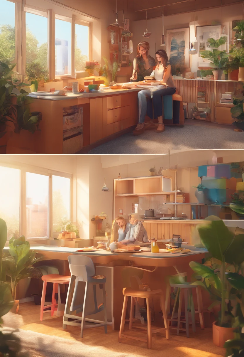 An illustration of an adorable couple, Destacando um homem e uma mulher com beleza, Expressive eyes – the man's hair is bald and brown and he has a full beard, While the woman's hair is tied up in a bun and blonde. They are a bright space, Todos com um sorriso no rosto, e compartilhe um momento especial, That is marked by love, viagem, and pedagogical insights. Ilustre esta cena a partir de uma perspectiva, where they're facing away from the camera, Show Your Connection. Desenvolva esta arte em Full HD, Focus on your cinematic touch, Estilo Disney Pixar Animations