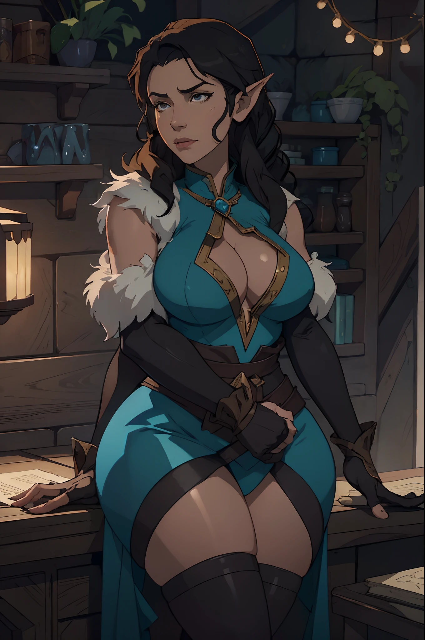 Vex'ahlia from vox machina, (mature face:1.4), plump, plump thigh, black stockings, long legs, illustration, pixiv art, extremely detailed cg, 8k wallpaper, best quality, high resolution, highest quality, UHD, HDR, 8K