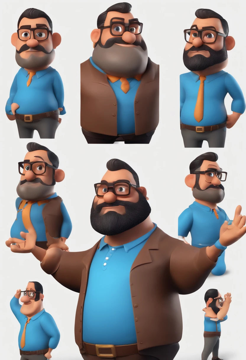 Cartoon character of a big man wearing black beard and glasses and a blue shirt, um personagem animado, Caractere estilizado, animation style rendering, 3D estilizado, Arnold Maya render, 3 d render stylized, toon render keyshot, Personagem 3D, Personagem 3D, 3d rendering stylized, 3 d character render, personagem de desenho animado, Personagem de close up, Pose de personagem, (Estilo Pixar) (master part:1.2) (Bokeh) (best quality) (pele detalhada) (textura detalhada) (8k) (argila) (Cinematic lighting) (foco nítido，Senta e vaza a parte superior do corpo