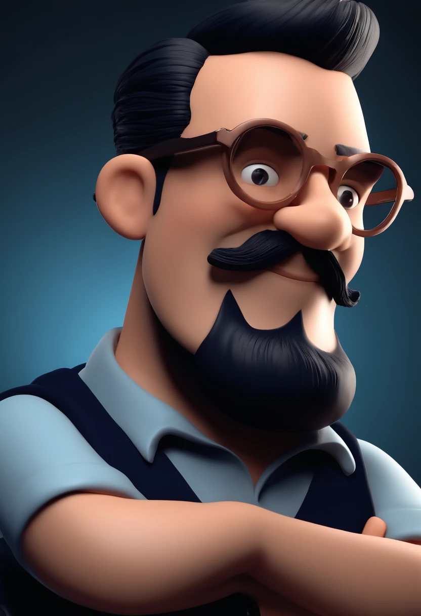 Cartoon character of a big man wearing black beard and glasses and a blue shirt, um personagem animado, Caractere estilizado, animation style rendering, 3D estilizado, Arnold Maya render, 3 d render stylized, toon render keyshot, Personagem 3D, Personagem 3D, 3d rendering stylized, 3 d character render, personagem de desenho animado, Personagem de close up, Pose de personagem, (Estilo Pixar) (master part:1.2) (Bokeh) (best quality) (pele detalhada) (textura detalhada) (8k) (argila) (Cinematic lighting) (foco nítido,Senta e vaza a parte superior do corpo