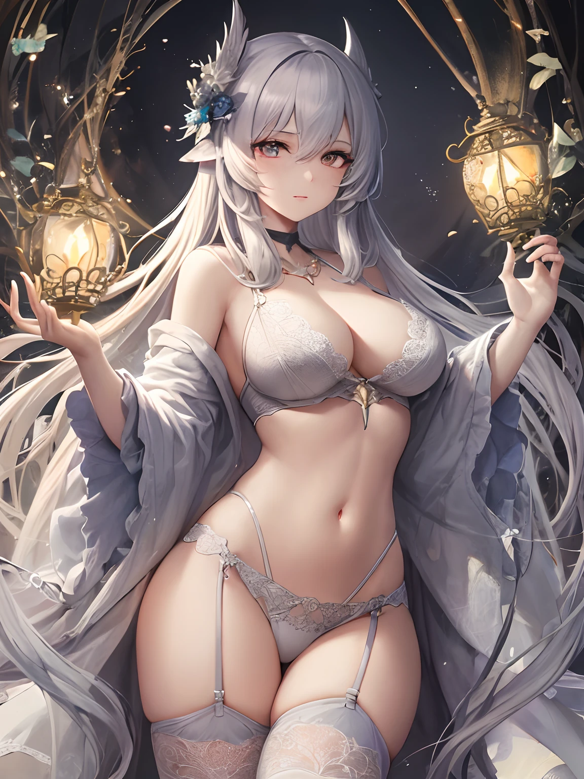 pixiv Competition Winner, Fantasy Art, Gray-haired, beautiful character painting, Guvez style artwork, Yukionna's dazzling gaze, guweiz, long white hair, Flowing hair and robes, cute large eyes, Illustrations, fine lines, dark colored,in one's underwear only,Yuki,(((Lace and silk lingerie with attention to detail))),Light pink underwear