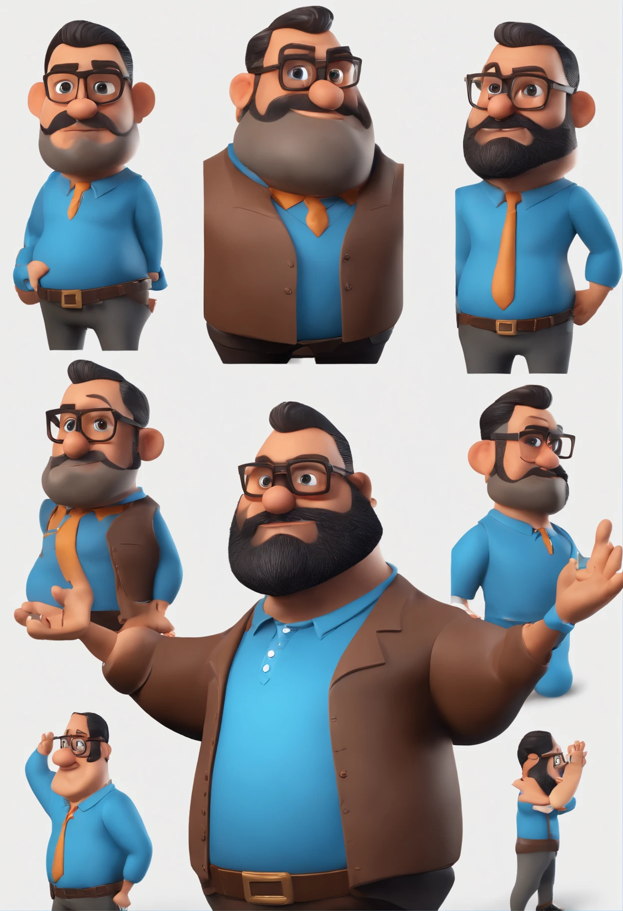Cartoon character of a big man wearing black beard and glasses and a blue shirt, um personagem animado, Caractere estilizado, animation style rendering, 3D estilizado, Arnold Maya render, 3 d render stylized, toon render keyshot, Personagem 3D, Personagem 3D, 3d rendering stylized, 3 d character render, personagem de desenho animado, Personagem de close up, Pose de personagem, (Estilo Pixar) (master part:1.2) (Bokeh) (best quality) (pele detalhada) (textura detalhada) (8k) (argila) (Cinematic lighting) (foco nítido，Senta e vaza a parte superior do corpo