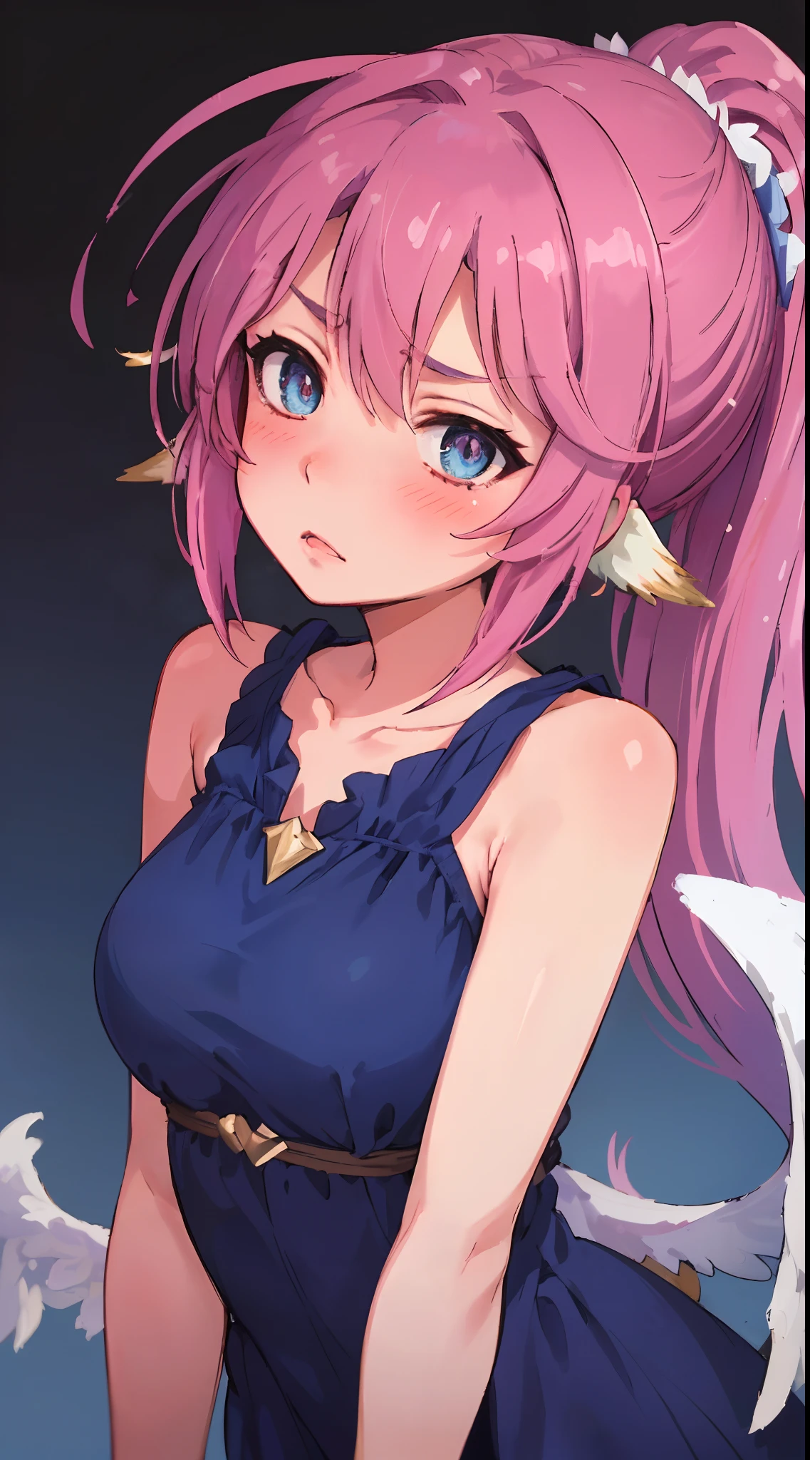 Jibril, ((upper body)), blushed, perfect anatomy, detailed eyes, detailed lips, extremely detailed eyes and face, vivid colors, sharp focus, masterpiece:1.2, ultra-detailed, blushed, ((doggystyle)), (solo), ((blue dress)), sleeveless, (ponytail), (((disdain, disgus, charecter sheet))), looking at viewer, perfect anatomy