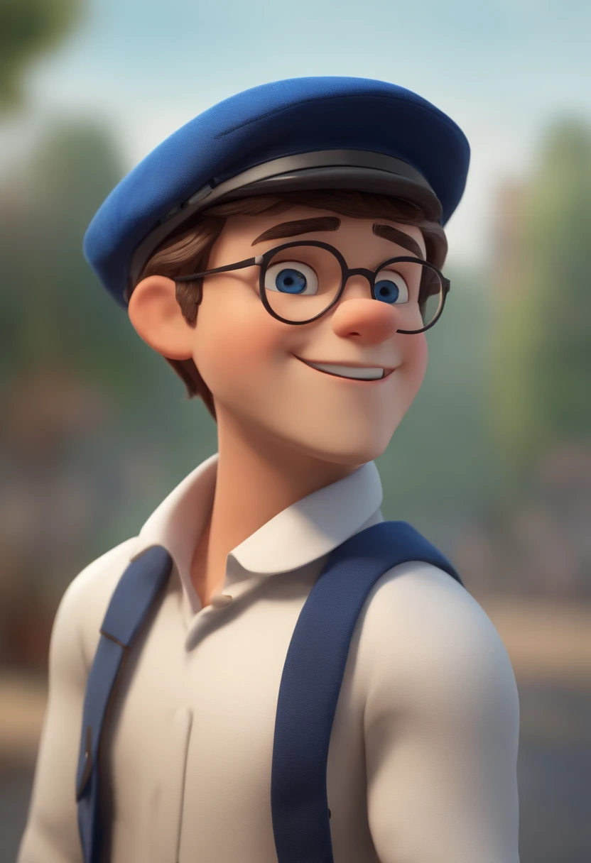A happy cute men standing short hair with dark blue cap , vestindo uma camisa azul , , fundo branco, barnet, Tom, Estilo Pixar, ......3d, desenhos animados, rosto detalhado, asymmetrical 16k