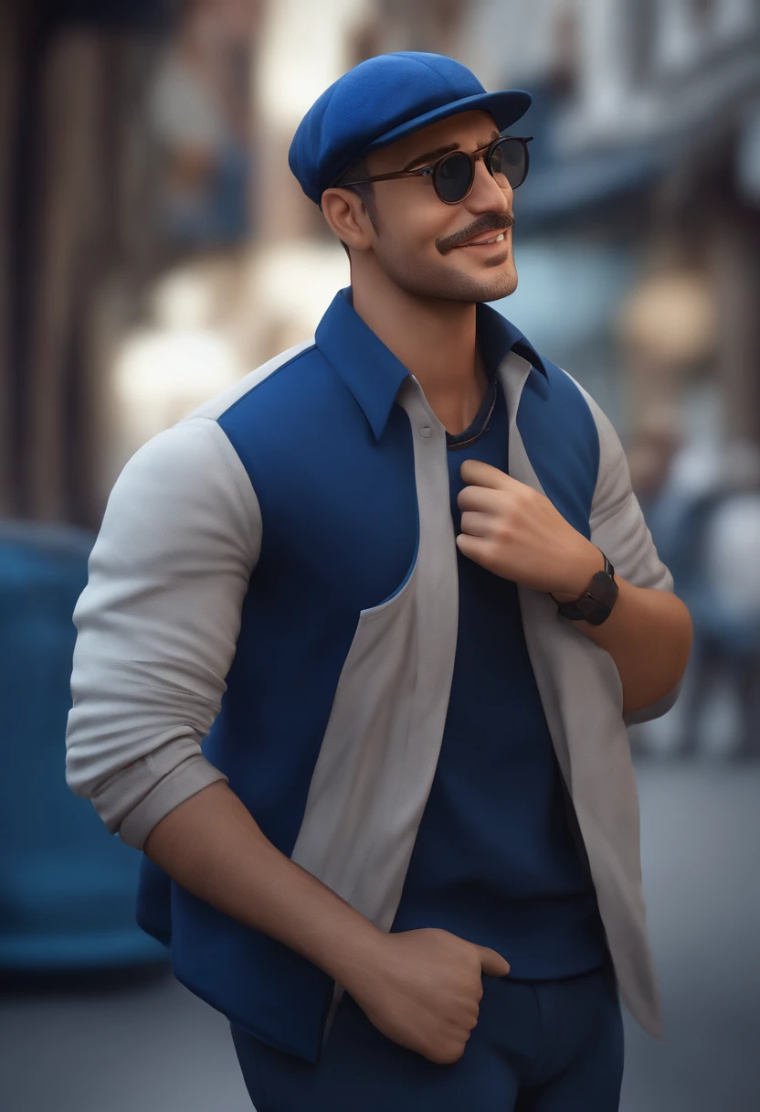 A happy cute men standing short hair with dark blue cap , vestindo uma camisa azul , , fundo branco, barnet, Tom, Estilo Pixar, ......3d, desenhos animados, rosto detalhado, asymmetrical 16k