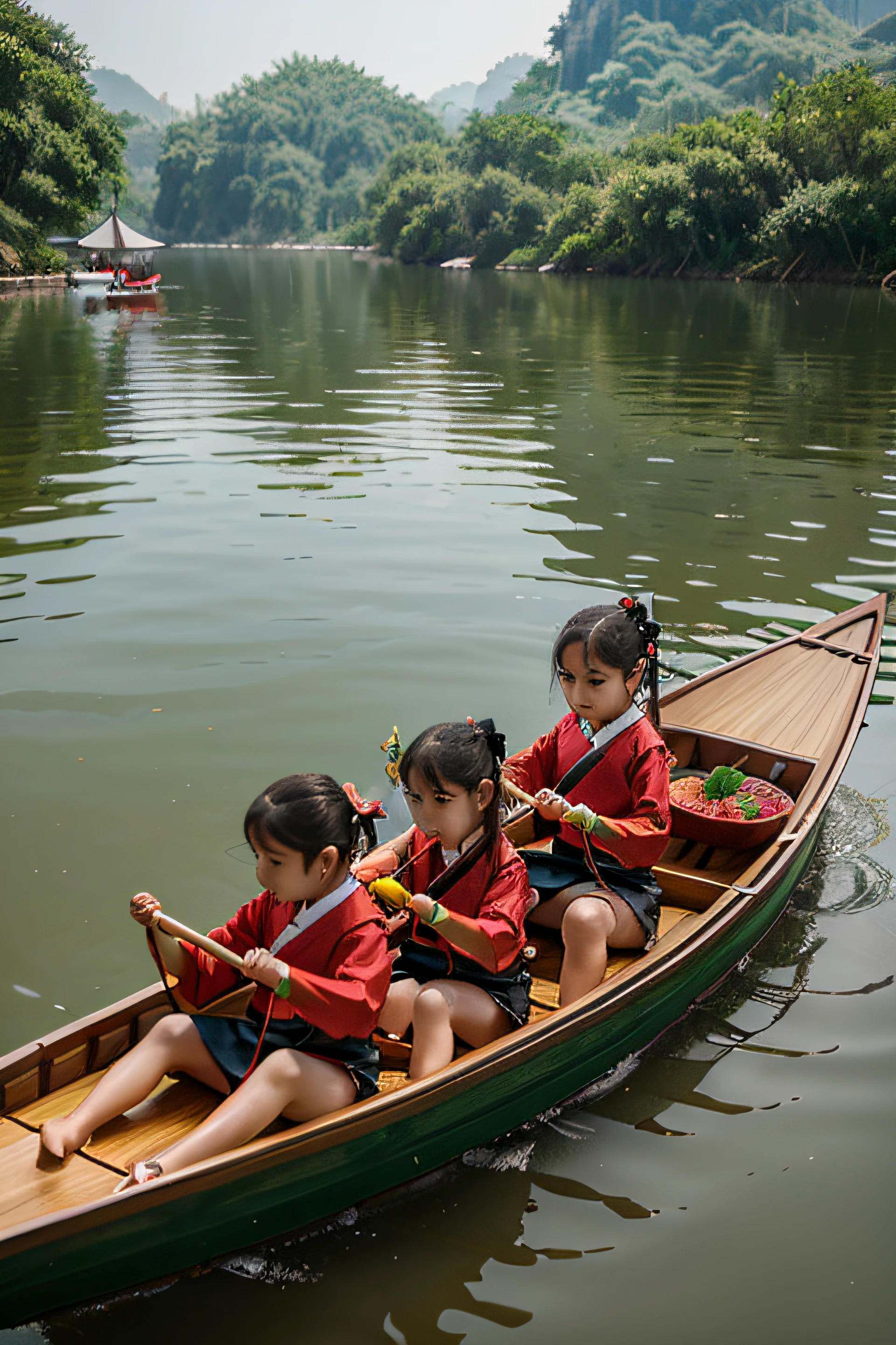 Dragon Boat Festival, On the surface of the water, 3 children in Hanfu paddle on a dragon boat, On the boat delicious zongzi, The green zongzi are very detailed;, beste-Qualit, There are lotus leaves on the water, Super detailed