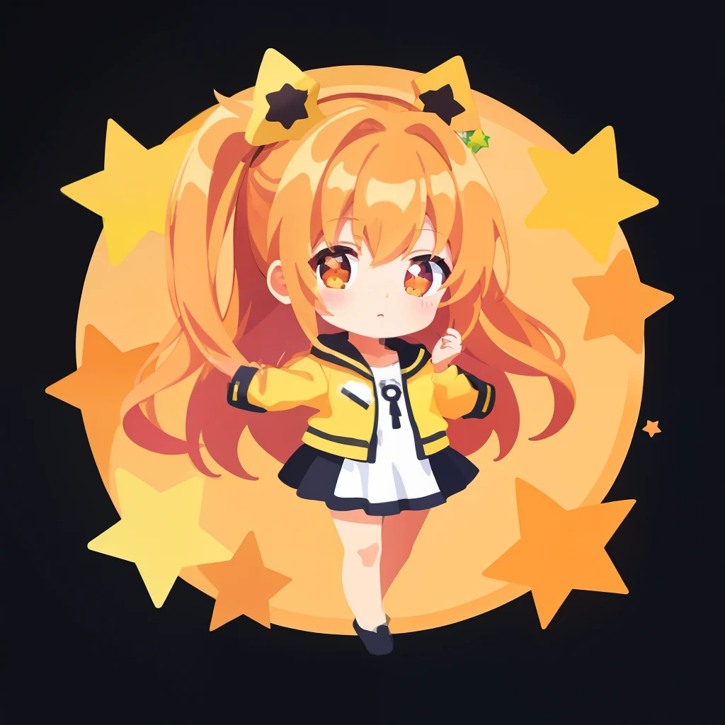 超A high resolution, NFFSW, Best-aesthetic, Best quality, masutepiece, IK1、Full body depiction、1girl in、Yellow jacket、Cartoon bones、Chibi Yara, Gold anime girl, Flat anime style,  Six stars, Anime girl decorated with stars, Digital anime illustration,  Plain white background