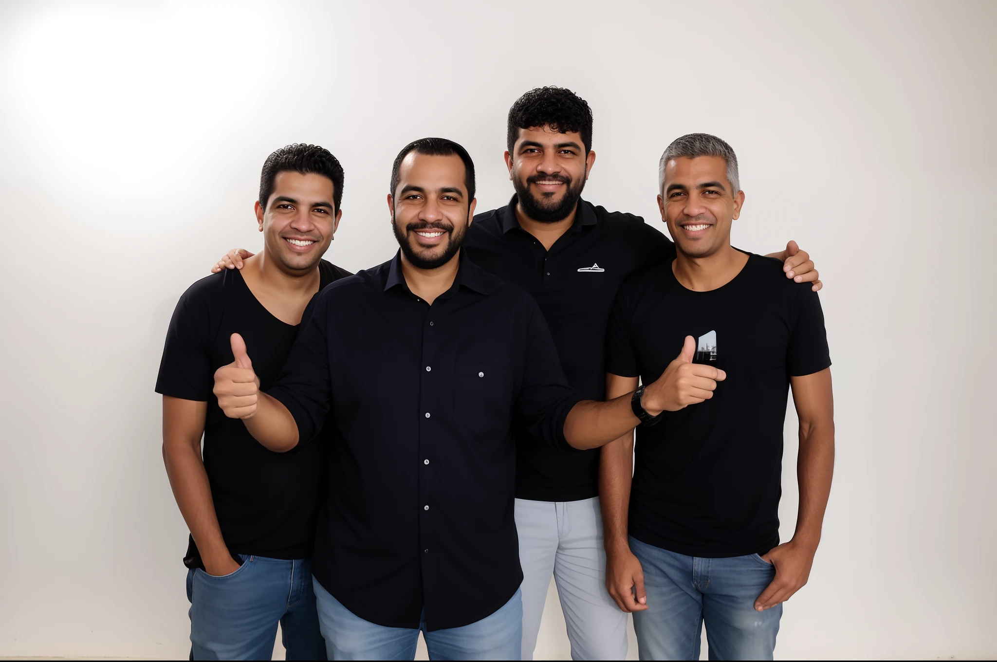 there are four men standing together and giving the thumbs up, adreas rocha, São Paulo, solid background, edu souza, foto realista, by Antonio Parreiras, by Felipe Seade, by Jacob Pynas, by Luis Miranda, edon guraziu, david rios ferreira, in sao paulo, gui guimaraes