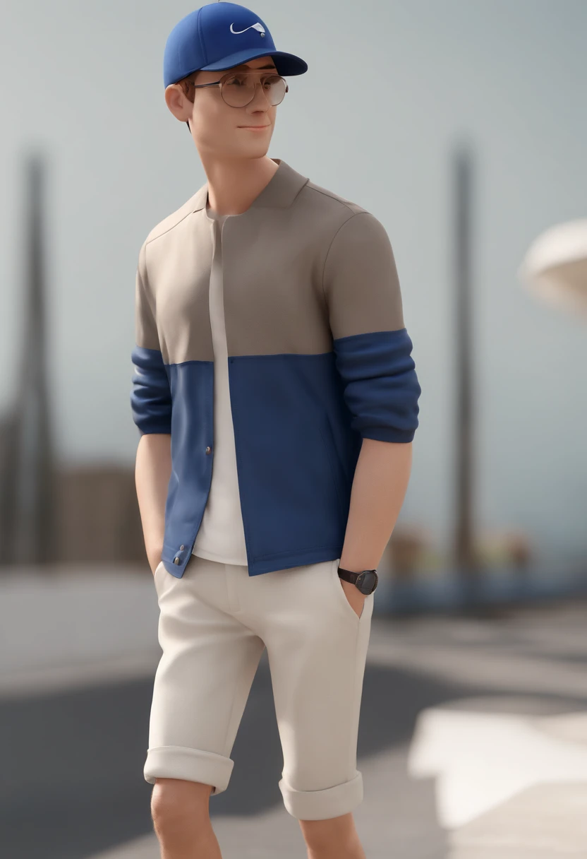 A happy cute men standing short hair with dark blue cap , vestindo uma camisa azul , , fundo branco, barnet, Tom, Estilo Pixar, ......3d, desenhos animados, rosto detalhado, asymmetrical 16k