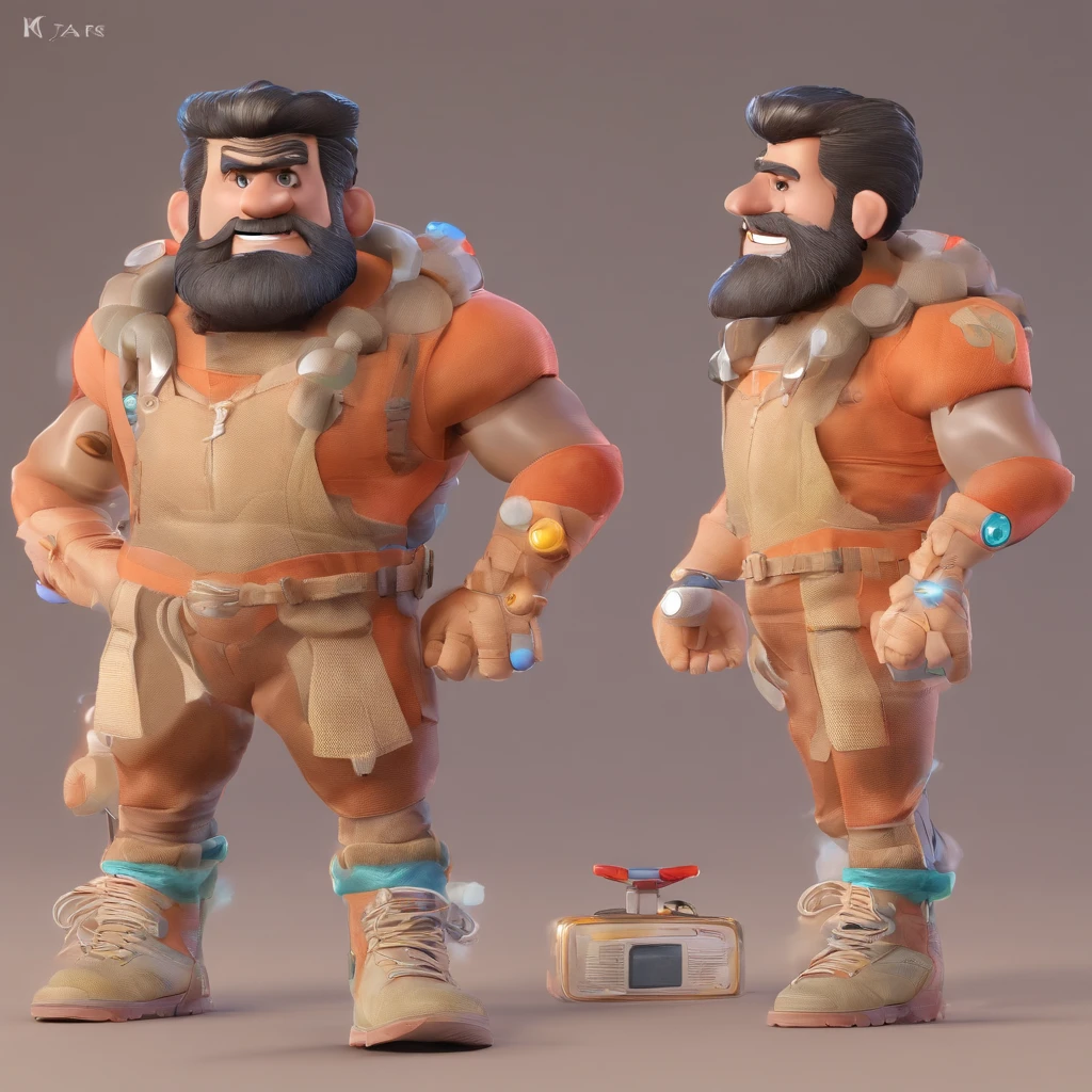 Criar um personagem no estilo Pixar. Trata-se de um homem de 28 anos, com barba, sorridente Moreno, com cabelos pretos curtos, e olhos castanhos claro. He's wearing a shiny silver cord, Trabalhar como designer