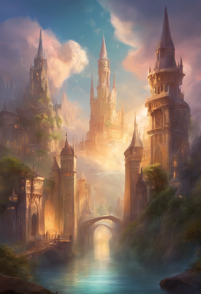 Towering city gates leading into a floating city