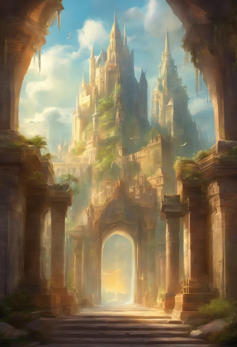 Towering city gates leading into a floating city