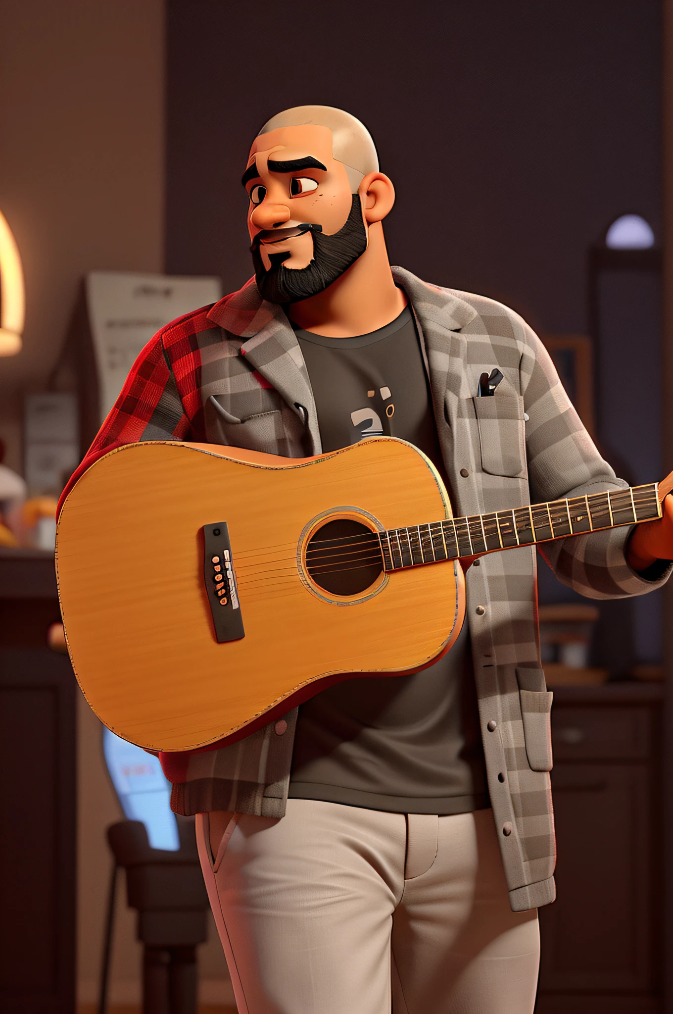 Um homem negro, with a shaved head, with medium gray beard, estilo disney pixar, alta qualidade, melhor qualidade