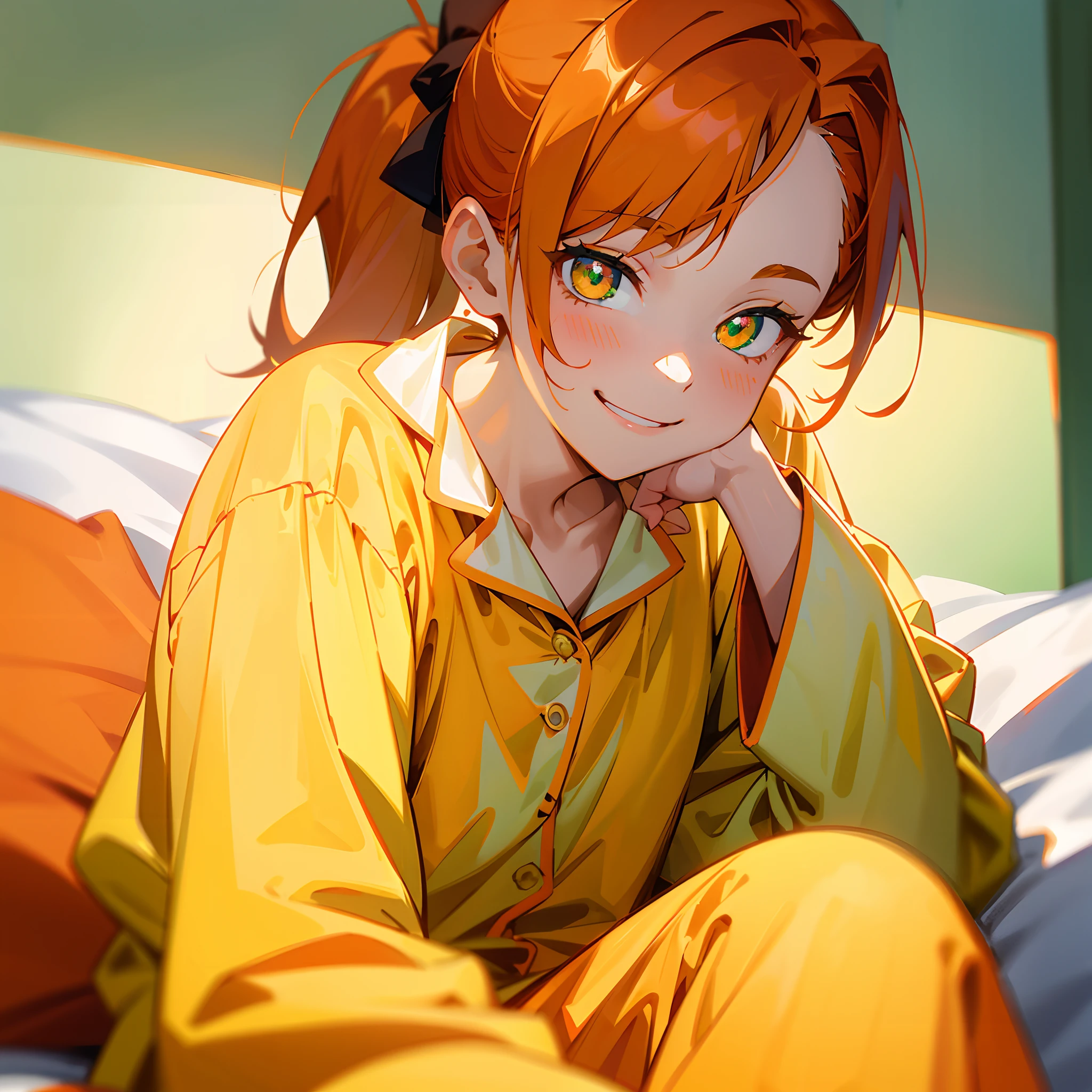 18-year-old girl sitting on bed, wearing pajama、Orange hair、Glowing green eyes、Side Ponytail、A slight smil、Laugh、The soft texture of pajamas、facial close-up、Colors based on green and orange