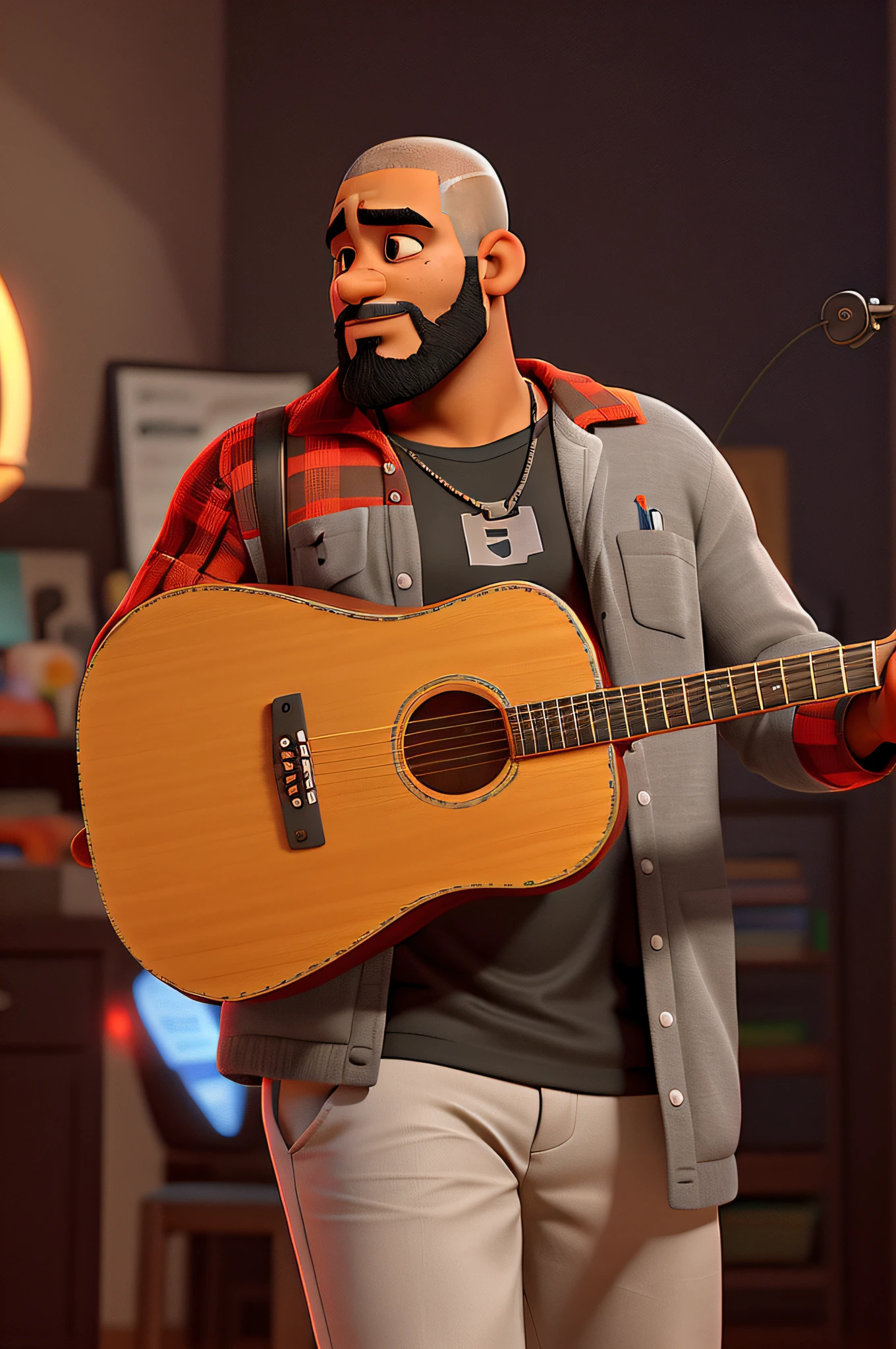 Um homem negro, with a shaved head, with medium gray beard, estilo disney pixar, alta qualidade, melhor qualidade