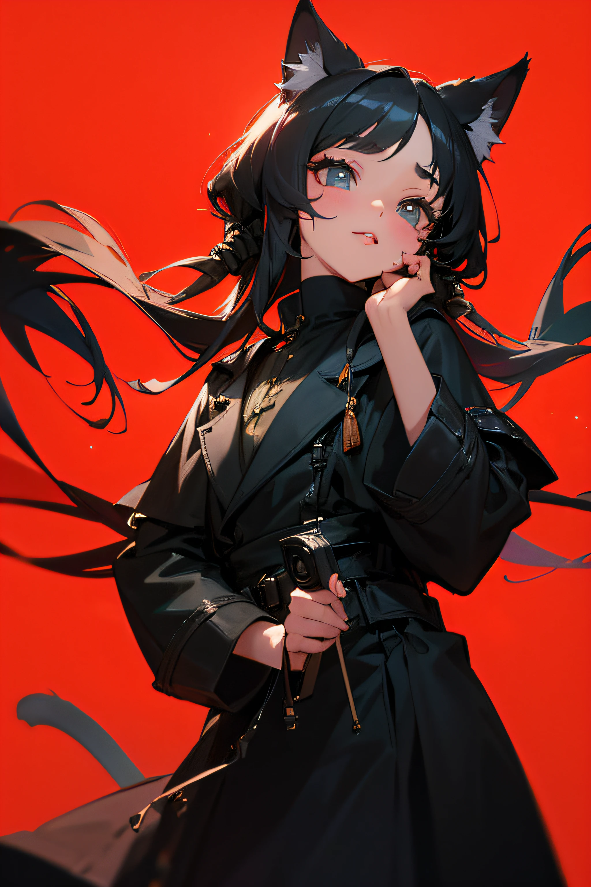 (hight resolution,Masterpiece:1.2),Vivid colors,beautiful detail eyes,beautiful detailed lips,long eyelashes,black coat,fluffy fur,cute expression,Feline Grace,Let's move on to the camera,on a red background,Greenery and plants on stage, ciberpunk