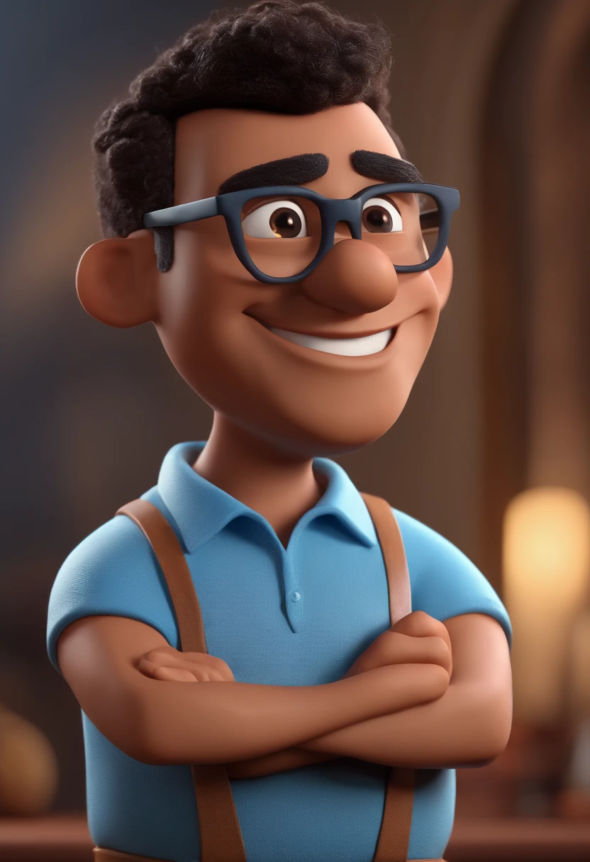 Cartoon character of a man with black glasses and a blue shirt, animation character, Caractere estilizado, animation style rendering, 3D estilizado, Arnold Maya render, 3 d render stylized, toon render keyshot, Personagem 3D, Personagem 3D, 3d rendering stylized, 3 d character render, personagem de desenho animado, Personagem de close up, Pose de personagem, (Estilo Pixar) (master part:1.2) (Bokeh) (best quality) (pele detalhada) (textura detalhada) (8k) (argila) (Cinematic lighting) (foco nítido