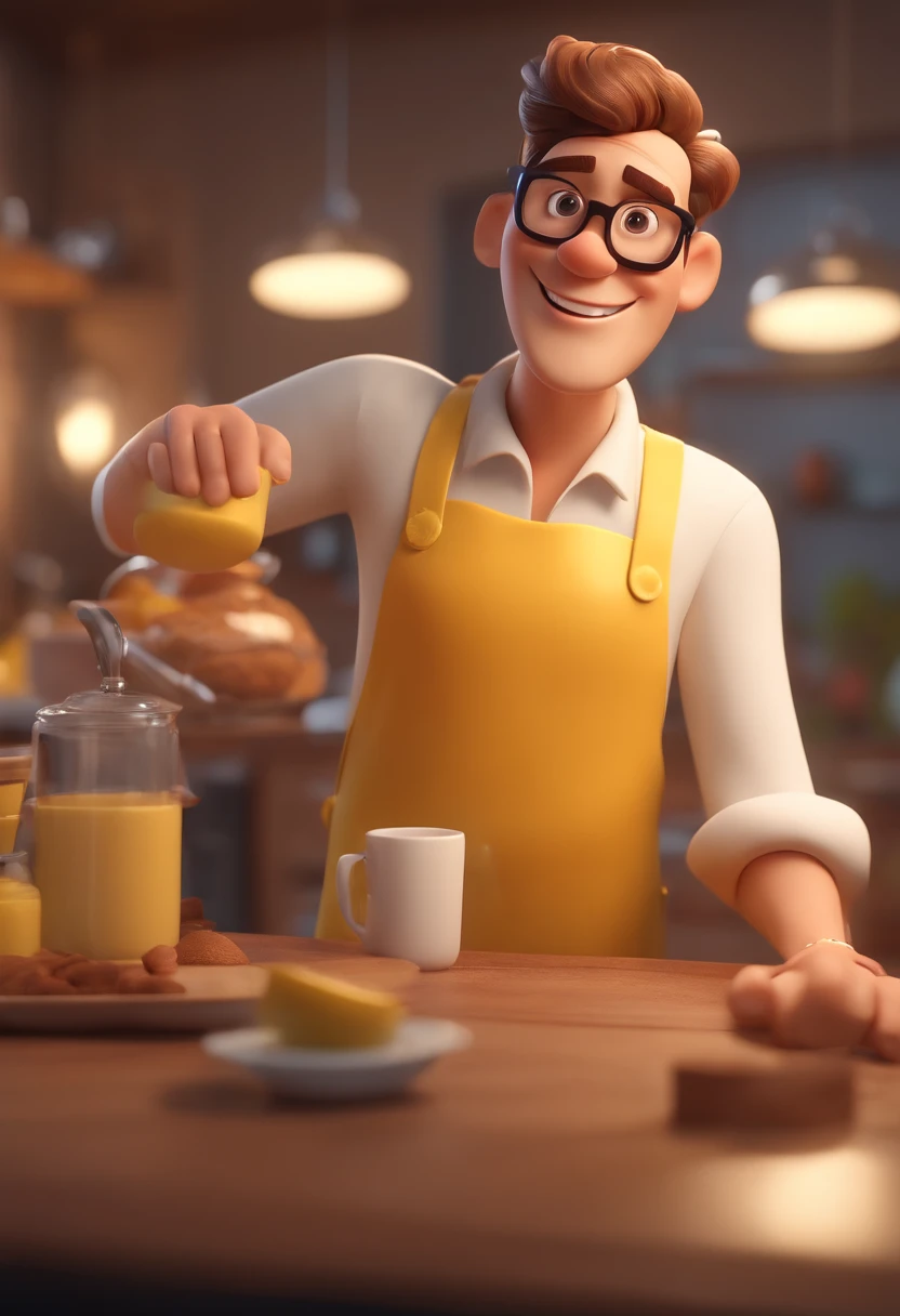 cartoon character of a man with transparent glasses, a yellow shirt, no beard, no mustache and with white apron, animation character, stylized character, animation style rendering, 3d stylized, Arnold Maya render, 3d stylized render, toon rendering keyshot, 3D Character, 3D Character, Stylized 3D Rendering, 3D Character Rendering, cartoon character, Closeup Character, Character Pose, (Pixar Style) (Masterpiece:1.2) (Bokeh) (Best Quality ) (detailed skin) (detailed texture) (8k) (clay) (Cinematic lighting) (sharp focus