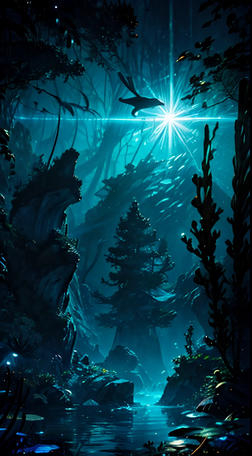best quality,ultra-detailed,realistic:1.37,underwater scene,dark abyss,hidden creature,detailed sea plants,dimly lit,deep sea exploration,submerged shipwreck,distant sunlight rays,mysterious deep blue,ethereal glow,silent and serene,murky water,mythical sea creature,uncanny shadows,unexplored depths,unveiling secrets,lurking danger,mesmerizing beauty,unseen mysteries,calm and tranquil,unfathomable darkness,secrets of the deep,enchanted underwater world,diving into the unknown,eerie silence,dimly illuminated coral reef,vivid colors,pulsating marine life,spectacular biodiversity,dancing schools of fish,swaying underwater plants,dramatic underwater architecture,peaceful and surreal,whispering seashells,undiscovered wonders,hidden underwater treasures