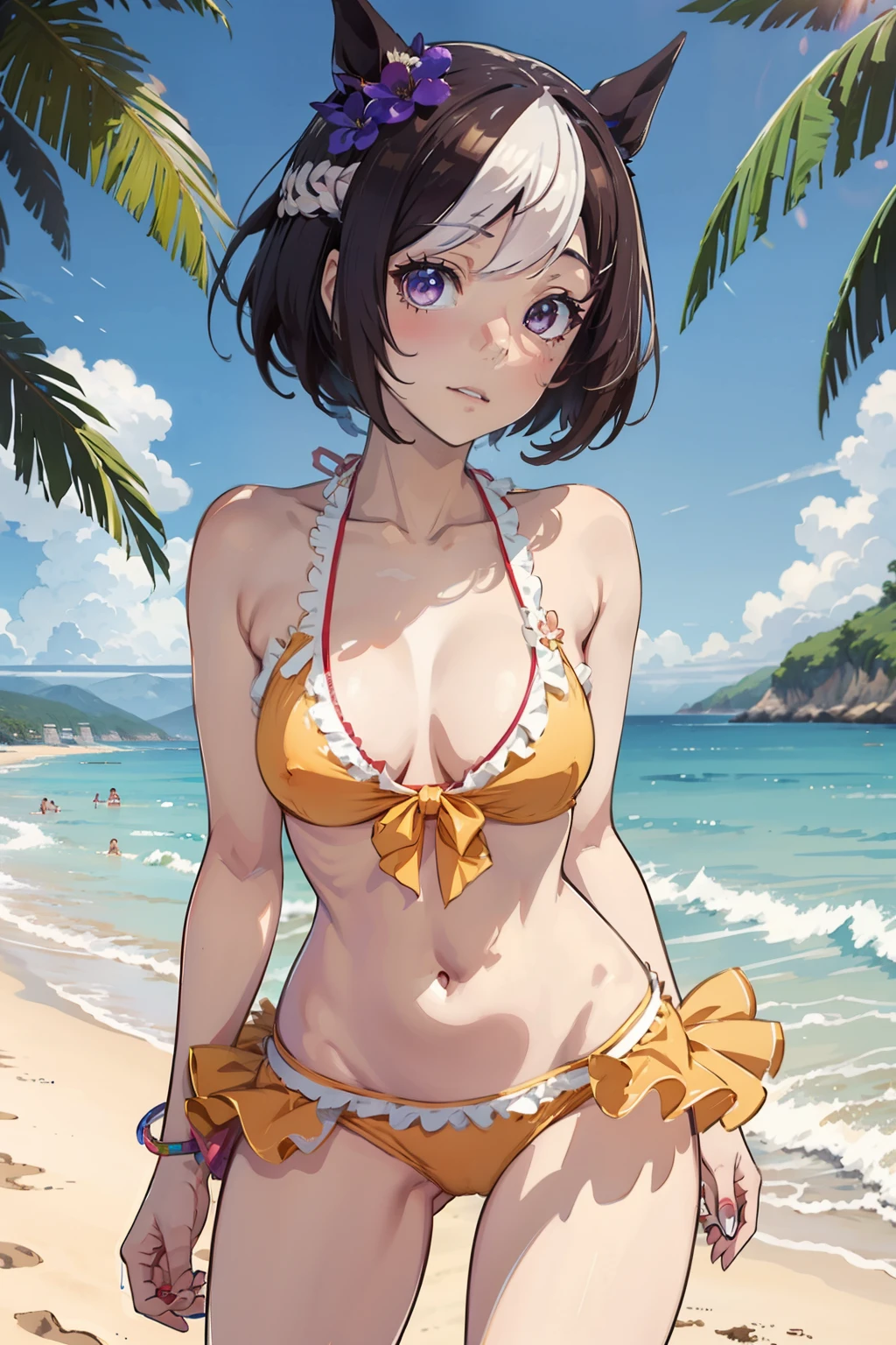 special week \(umamusume\), anime girl in bikini with horse ears and a flower in her hair, loli, at a tropical beach, extremely detailed artgerm, kawacy, detailed digital anime art, [ 4 k digital art ]!!, seductive anime girl, realistic bikini, in the beach, digital anime illustration, beautiful anime girl, anime style 4 k, horse tail, topless, nipples, navel