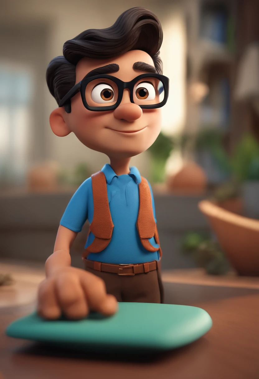 Cartoon character of a man with black glasses and a blue shirt, animation character, Caractere estilizado, animation style rendering, 3D estilizado, Arnold Maya render, 3 d render stylized, toon render keyshot, Personagem 3D, Personagem 3D, 3d rendering stylized, 3 d character render, personagem de desenho animado, Personagem de close up, Pose de personagem, (Estilo Pixar) (master part:1.2) (Bokeh) (best quality) (pele detalhada) (textura detalhada) (8k) (argila) (Cinematic lighting) (foco nítido