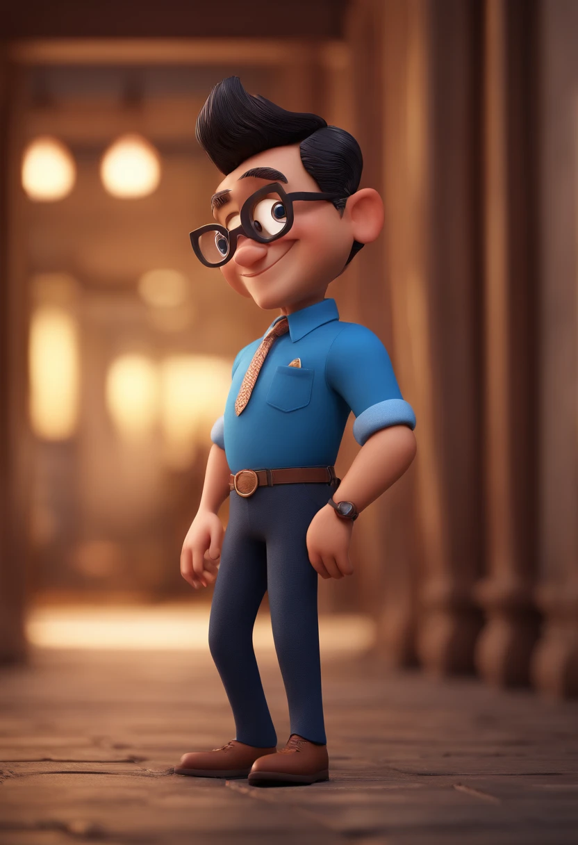 Cartoon character of a man with black glasses and a blue shirt, animation character, Caractere estilizado, animation style rendering, 3D estilizado, Arnold Maya render, 3 d render stylized, toon render keyshot, Personagem 3D, Personagem 3D, 3d rendering stylized, 3 d character render, personagem de desenho animado, Personagem de close up, Pose de personagem, (Estilo Pixar) (master part:1.2) (Bokeh) (best quality) (pele detalhada) (textura detalhada) (8k) (argila) (Cinematic lighting) (foco nítido