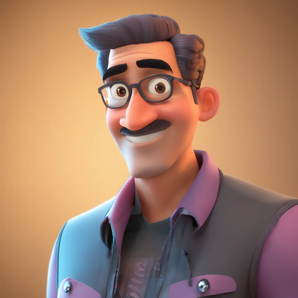 Criar um personagem no estilo Pixar. Trata-se de um homem de 30 anos, com barba, Branco, com cabelos castanhos curtos e um quiff, e olhos castanhos. Ele deve estar na frente de um computador, Trabalhar como designer