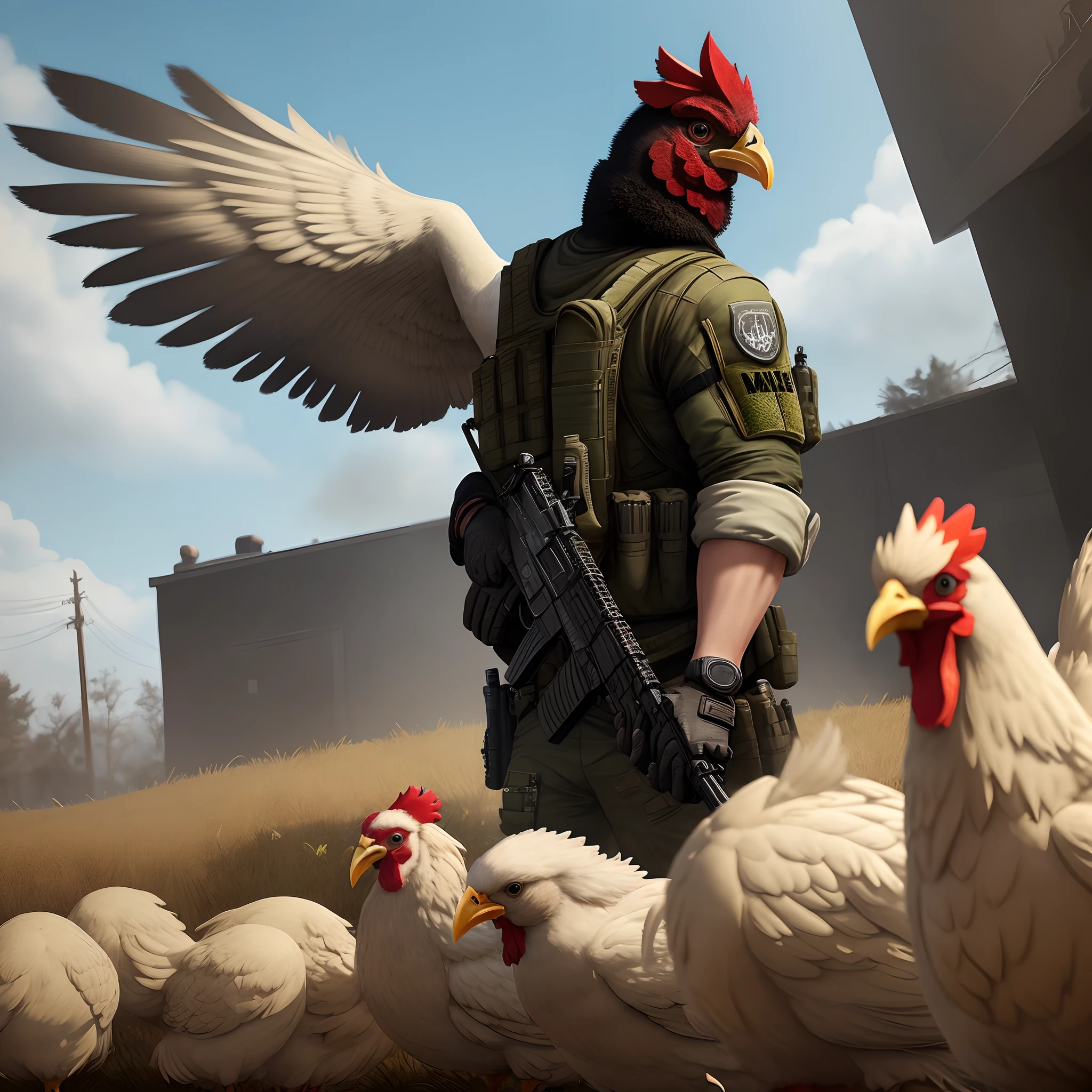 Alex Mason from Call Of Duty Black Ops video game turned into a giant chicken holding a submachine gun