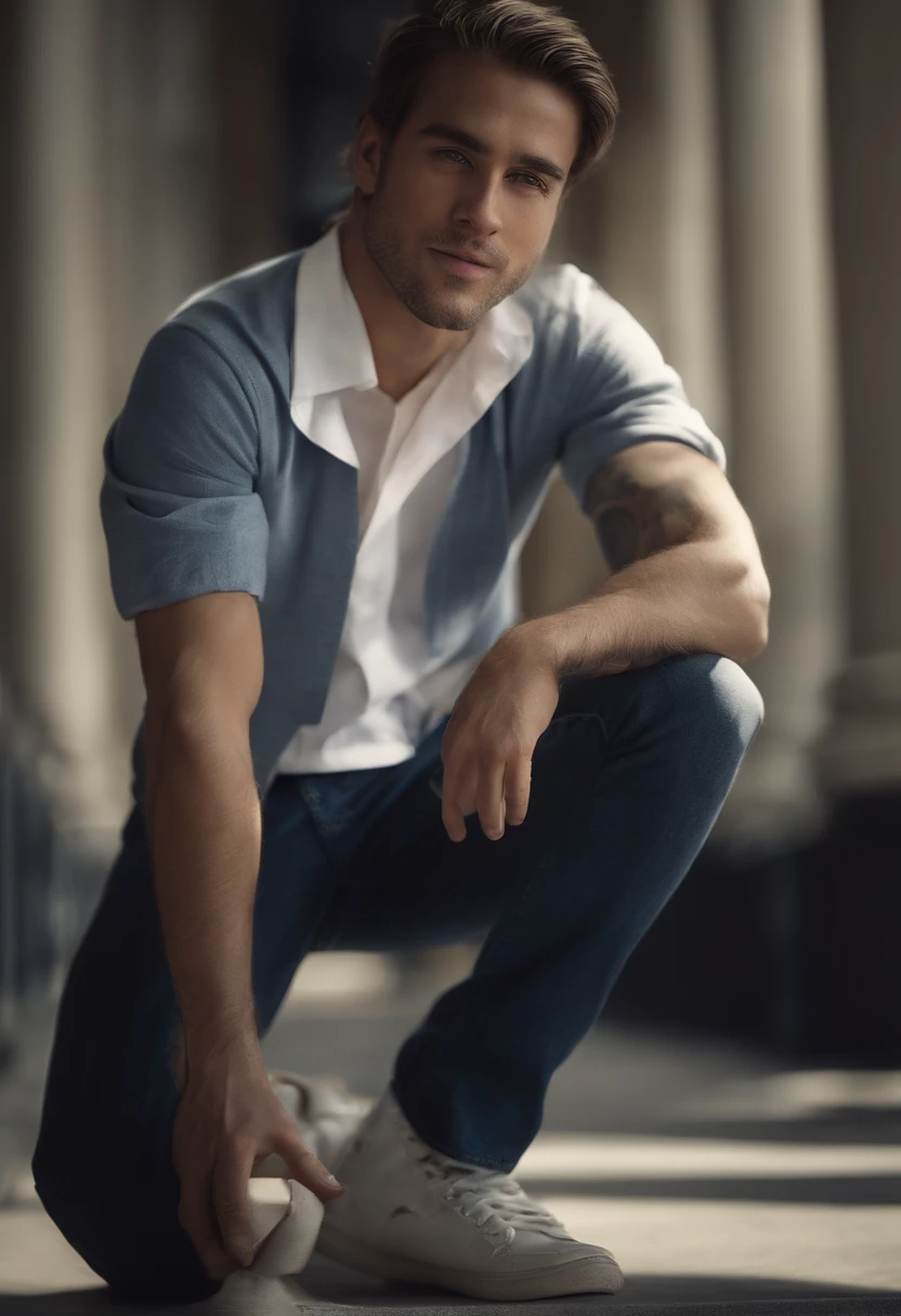A happy cute men standing short hair with dark blue cap , vestindo uma camisa azul , , fundo branco, barnet, Tom, Estilo Pixar, ......3d, desenhos animados, rosto detalhado, asymmetrical 16k