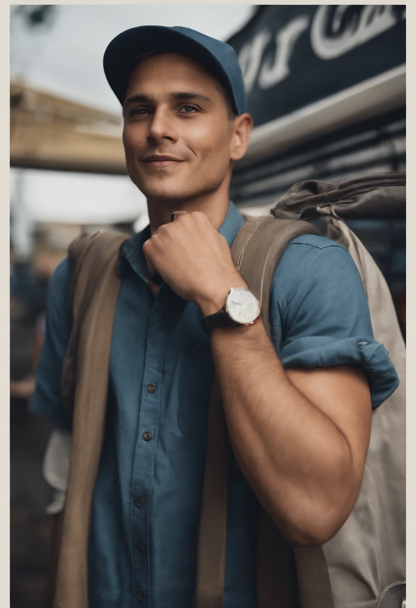 A happy cute men standing short hair with dark blue cap , vestindo uma camisa azul , , fundo branco, barnet, Tom, Estilo Pixar, ......3d, desenhos animados, rosto detalhado, asymmetrical 16k