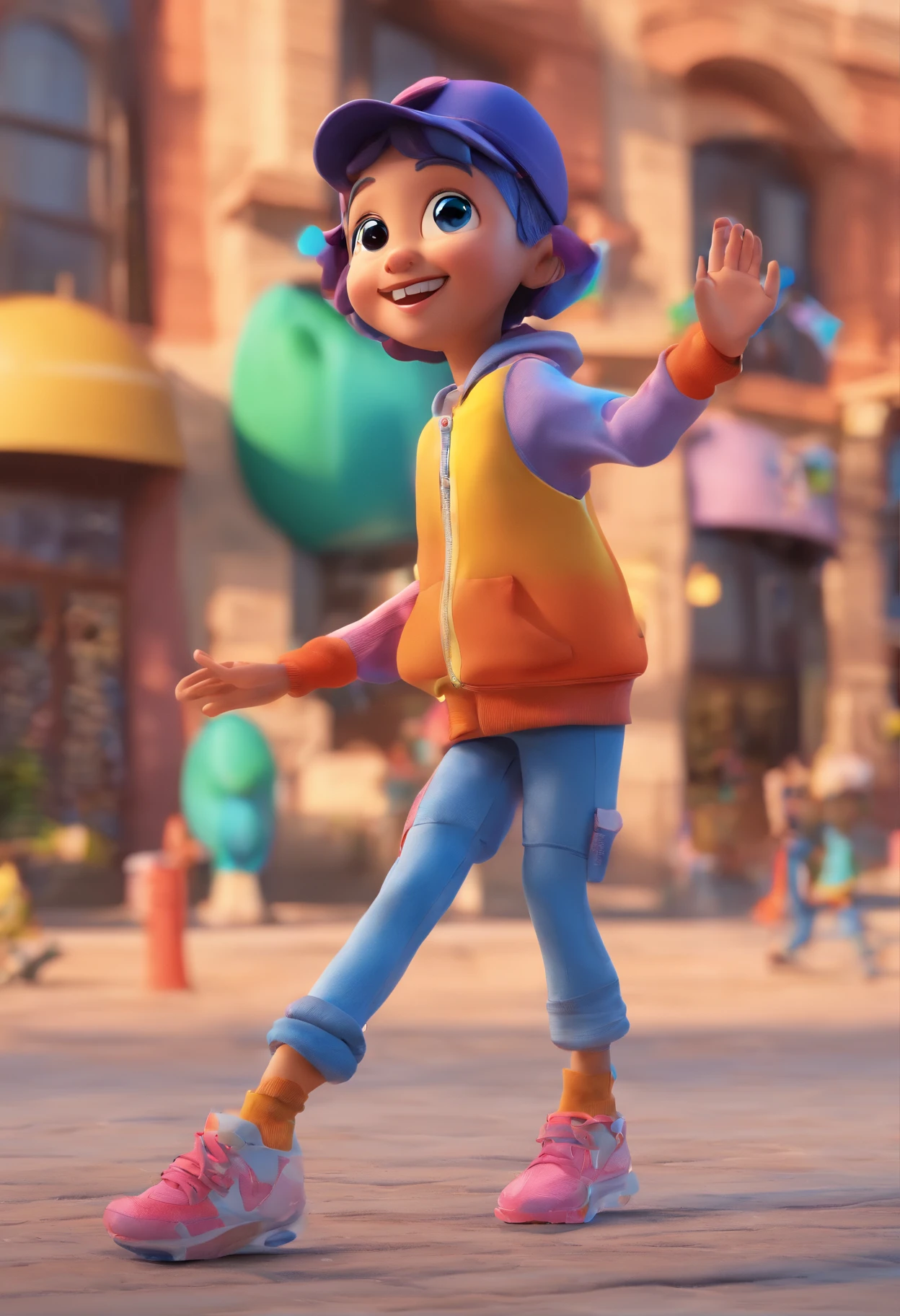 A prompt to create a Pixar-style 3D image that depicts children dancing street dance with joy and energy. Children should be wearing colorful, trendy clothing, Performing creative dance moves, with happy facial expressions. The scene should convey a sense of fun and excitement, Capturing the essence of street dance in a lively and enchanting way