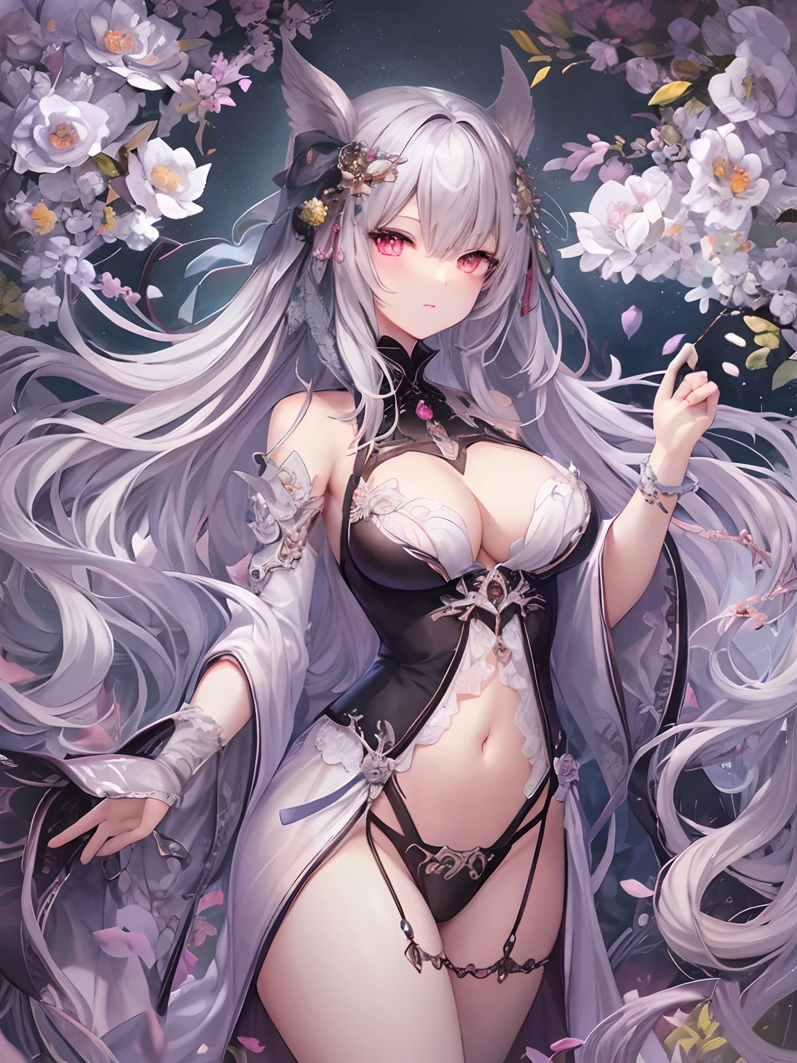 pixiv Competition Winner, Fantasy Art, Gray-haired, beautiful character painting, Guvez style artwork, Yukionna's dazzling gaze, guweiz, long white hair, Flowing hair and robes, cute large eyes, Illustrations, fine lines, dark colored,in one's underwear only,Yuki,(((Lace and silk lingerie with attention to detail))),Pink underwear,bow ribbon